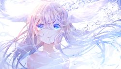 Rule 34 | 1girl, air bubble, arms at sides, blonde hair, blue eyes, blush, bubble, close-up, collarbone, crying, crying with eyes open, feathered wings, floating hair, hair between eyes, head wings, long hair, looking at viewer, original, parted lips, solo, tareme, tears, teeth, tlla, topless, underwater, wings