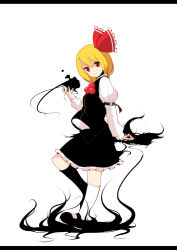 Rule 34 | 1girl, blonde hair, darkness, embodiment of scarlet devil, female focus, hair ribbon, highres, letterboxed, mary janes, meneru, red eyes, ribbon, rumia, shoes, short hair, smile, solo, touhou