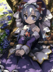 Rule 34 | 1girl, animal ears, bad id, bad pixiv id, bare shoulders, blue eyes, blue hair, bow, brooch, clothes pull, dappled sunlight, dress pull, extra ears, flower, hair ornament, hat, highres, jewelry, long hair, looking at viewer, matching hair/eyes, matsuhime mujina, pinwheel, pointy ears, ppopar, raccoon ears, shade, shadow, shinrabanshou, sitting, solo, sunlight, tail, tree, tree shade, v arms