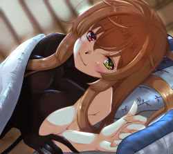 Rule 34 | 1girl, asymmetrical clothes, bare shoulders, breasts, brown eyes, heterochromia, kantai collection, large breasts, light brown hair, long hair, looking at viewer, lying, murasame (kancolle), on bed, pillow, red eyes, shigatsu (soratobuusagi), sideboob, smile, solo, twintails