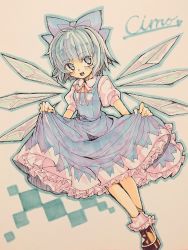 Rule 34 | 1girl, absurdres, akira unoie, bad id, bad pixiv id, blue dress, blue eyes, blue hair, blush, bow, character name, checkered background, cirno, dress, frills, full body, hair ribbon, highres, ice, ice wings, marker (medium), open mouth, petticoat, puffy sleeves, ribbon, shirt, shoes, short hair, short sleeves, simple background, smile, socks, touhou, traditional media, upskirt, white shirt, white socks, wings