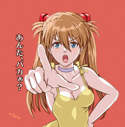 Rule 34 | 1girl, ?, armpits, breasts, brown hair, cleavage, dress, hand on own hip, highres, index finger raised, interface headset, kazumiminagawa, long hair, looking at viewer, medium breasts, neon genesis evangelion, neon genesis evangelion anima, open mouth, signature, solo, souryuu asuka langley, sundress, thighs, translation request, tsundere, twintails, wind, wind lift, yellow dress