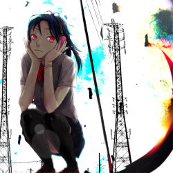 Rule 34 | 1girl, bad id, bad pixiv id, from below, headphones, nimirom, original, power lines, red eyes, solo, squatting, thighhighs, zettai ryouiki