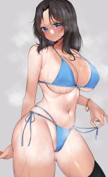 Rule 34 | 1girl, absurdres, aoshidan school uniform, arm behind back, bikini, black hair, blue bikini, blue eyes, blush, breasts, character request, cleavage, closed mouth, commentary request, commission, dark skin, girls und panzer, grey background, highres, kshimu, large breasts, looking at viewer, navel, o-ring, o-ring bikini, pixiv commission, school uniform, side-tie bikini bottom, sidelocks, simple background, solo, steaming body, stomach, swimsuit, tan, underboob, wet