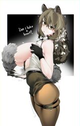 Rule 34 | 1girl, absurdres, animal ears, arknights, bags under eyes, bare shoulders, black gloves, black shorts, breasts, breasts out, brown hair, brown pantyhose, covering breasts, covering privates, english text, from side, gloves, high-waist shorts, highres, large breasts, long hair, looking at viewer, looking to the side, low ponytail, naxius noxy, no bra, open mouth, orange eyes, pantyhose, raccoon ears, raccoon girl, raccoon tail, robin (arknights), shirt, shorts, skindentation, sleeveless, sleeveless shirt, solo, tail, tail censor, thigh strap, white shirt