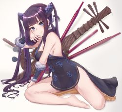Rule 34 | 1girl, bare shoulders, barefoot, black dress, blue eyes, blunt bangs, blush, breasts, china dress, chinese clothes, cleavage, closed mouth, detached sleeves, dress, fate/grand order, fate (series), feet, flute, hair ornament, instrument, long hair, looking at viewer, medium breasts, pipa (instrument), sitting, smile, solo, suiete, thighs, twintails, very long hair, yang guifei (fate), yang guifei (second ascension) (fate)