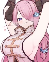 Rule 34 | 1girl, absurdres, armpits, arms up, black horns, blush, braid, breasts, commentary, crown braid, curled horns, draph, granblue fantasy, hair ornament, hair over one eye, heavy breathing, highres, horns, large breasts, looking at viewer, lyrinne, narmaya (granblue fantasy), pink hair, purple eyes, shirt, sideboob, simple background, sleeveless, smile, solo, upper body, white background, white shirt