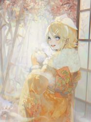 Rule 34 | 1girl, :d, blonde hair, blue eyes, bow, fur scarf, hair ornament, hairclip, highres, japanese clothes, kagamine rin, kimono, looking at viewer, lttinluca, open mouth, short hair, sliding doors, smile, snow rabbit, solo, vocaloid, window