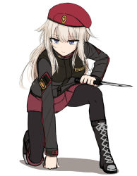 Rule 34 | 1girl, ak74m (girls&#039; frontline), beret, black pantyhose, blonde hair, blue eyes, boots, dagger, girls&#039; frontline, hat, highres, holding, holding dagger, holding knife, holding weapon, jacket, knee boots, knife, long hair, on one knee, original, pantyhose, russian text, solo, weapon, white background, yakob labo