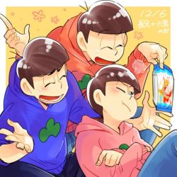 Rule 34 | 10s, 3boys, anubisu-no-sinpan, brothers, crossed arms, dated, flower (symbol), hood, hoodie, index finger raised, indian style, male focus, matsuno karamatsu, matsuno osomatsu, matsuno todomatsu, multiple boys, one eye closed, osomatsu-kun, osomatsu-san, osomatsu (series), outside border, siblings, sitting, sweatdrop, yellow background