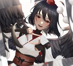 Rule 34 | 1girl, bird wings, black feathers, black gloves, black hair, black wings, feathers, fingerless gloves, gloves, hat, highres, japanese clothes, kimono, kourindou tengu costume, looking at viewer, pom pom (clothes), red eyes, red hat, sash, shameimaru aya, short hair, simple background, solo, tokin hat, touhou, umeko 81, upper body, white background, white kimono, wings