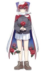 Rule 34 | 1girl, artist name, boots, bright pupils, cape, expressionless, flower, flower request, full body, hair between eyes, highres, holding, holding flower, looking at viewer, pleated skirt, red flower, red hair, sekibanki, short hair, simple background, skirt, snow, solo, standing, touhou, white background, white pupils, white skirt, yadoyuki
