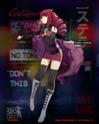 Rule 34 | 1girl, animal ears, artificial eye, black thighhighs, blush, boots, breasts, cat ears, character name, choker, cross-laced footwear, dress, drill hair, full body, girls&#039; frontline, gloves, highres, holding, holding smoking pipe, knee boots, lace-up boots, large breasts, logo, long hair, looking at viewer, mechanical eye, open mouth, purple dress, purple eyes, red eyes, red hair, sleeveless, sleeveless dress, smoking pipe, solo, stella hoshii, thighhighs, va-11 hall-a