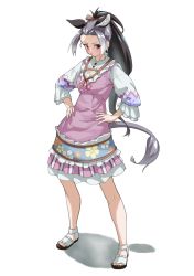 Rule 34 | 1girl, animal ears, bow, brown bow, collar, commentary request, donkey (kemono friends), donkey ears, donkey girl, donkey tail, dress, extra ears, floral print, forehead, frilled collar, frilled dress, frills, full body, grey hair, hair bow, hands on own hips, high collar, highres, kemono friends, kemono friends 3, long hair, looking at viewer, multicolored hair, official alternate costume, pink dress, ponytail, puffy sleeves, red eyes, sandals, solo, tanabe (fueisei), white footwear, white hair, white sleeves