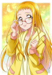 Rule 34 | 1girl, 2023, :p, aged up, artist name, blonde hair, commentary request, dated, eyelashes, glasses, gradient background, hanzou, happy, highres, jacket, kasugano urara (yes! precure 5), kibou no chikara ~otona precure &#039;23~, long hair, looking at viewer, precure, smile, solo, tongue, tongue out, twitter username, yellow background, yellow eyes, yellow jacket, yellow theme, yes! precure 5, yes! precure 5 gogo!