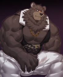 Rule 34 | 1boy, animal ears, bara, bear boy, bear ears, belly, ben bigger, black shirt, black tank top, blush, bulge, claws, commentary, english commentary, furry, furry male, highres, istani, looking at viewer, male focus, muscular, muscular male, one-eyed, paid reward available, pants, pectorals, scar, scar across eye, scar on face, shirt, sleeveless, sleeveless shirt, tank top, towel, towel around neck, white pants, white towel, zenless zone zero