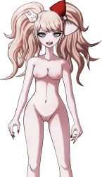 Rule 34 | bare arms, bare hips, bare legs, bare shoulders, blonde hair, blush, bottomless, bow, breasts, cleft of venus, collarbone, completely nude, cosplay, danganronpa: trigger happy havoc, danganronpa (series), danganronpa s: ultimate summer camp, ears, enoshima junko (cosplay), feet out of frame, fingernails, freckles, full body, grey eyes, hair bow, hair ornament, highres, ikusaba mukuro, kosine1777, long hair, looking at viewer, medium breasts, multicolored bow, nail polish, nipples, nude, open mouth, pussy, rabbit hair ornament, red bow, red nails, smile, teeth, third-party edit, tongue, topless, upper teeth only, white bow