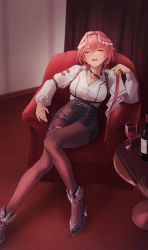 Rule 34 | 1girl, = =, absurdres, ankle strap, aragiken, armchair, black footwear, black shorts, bottle, buckle, carpet, chair, choker, closed eyes, cup, curtains, dress shirt, drinking glass, easy chair, floor, formal, full body, hair between eyes, hairband, harness, head wings, high-waist shorts, high heels, highres, holding necktie, hololive, lace hairband, leather shorts, long sleeves, napkin, necktie, open collar, open mouth, pale skin, pant suit, pants, pantyhose, pantyhose under shorts, pink hair, pixie cut, puffy long sleeves, puffy sleeves, pumps, red carpet, round table, shirt, shoes, short hair, shorts, sitting, sleepy, sleeve cuffs, solo, strappy heels, suit, table, takane lui, takane lui (1st costume), thigh strap, tie clip, virtual youtuber, white shirt, wine bottle, wine glass, wings, yawning