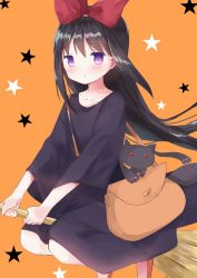 Rule 34 | 1girl, akemi homura, bag, black hair, blush, bow, broom, broom riding, brown footwear, carrying, closed mouth, commentary, cosplay, dress, hair bow, halloween, halloween costume, jiji (majo no takkyuubin), jiji (majo no takkyuubin) (cosplay), kiki (majo no takkyuubin), kiki (majo no takkyuubin) (cosplay), kyubey, light frown, long hair, looking at viewer, mahou shoujo madoka magica, mahou shoujo madoka magica (anime), majo no takkyuubin, medium dress, orange background, purple eyes, red bow, satchel, shoes, short sleeves, solo, star (symbol), starry background, symbol-only commentary, tsubaki (tatajd)