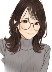 Rule 34 | 1girl, black-framed eyewear, brown eyes, brown hair, closed mouth, earrings, glasses, grey sweater, highres, jewelry, long hair, long sleeves, looking at viewer, mole, mole under mouth, original, saitou (lynx-shrike), simple background, smile, solo, sweater, turtleneck, turtleneck sweater, white background