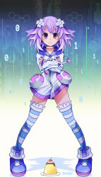 Rule 34 | 10s, 1girl, absurdres, blush, choker, crossed arms, d-pad, dated, food, gunbuster pose, hair ornament, highres, looking at viewer, neptune (neptunia), neptune (series), pudding, purple eyes, purple hair, sapusakti, short hair, smile, solo, striped clothes, striped thighhighs, thighhighs, zettai ryouiki