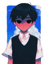 Rule 34 | 1boy, black eyes, black hair, black sweater vest, cloud, cloudy sky, collared shirt, commentary, expressionless, highres, hinshi hp0, looking at viewer, male focus, no pupils, omori, shirt, short hair, sky, solo, sunny (omori), sweater vest, symbol-only commentary, upper body, white background, white shirt