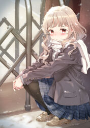 Rule 34 | 1girl, black pantyhose, blue skirt, blush, brown eyes, brown footwear, closed mouth, coat, full body, grey coat, grey sweater, light brown hair, loafers, long hair, long sleeves, looking at viewer, looking to the side, open clothes, open coat, original, outdoors, pantyhose, plaid, plaid skirt, pleated skirt, scarf, shoes, skirt, snow, snowing, solo, squatting, sweater, unya (unya-unya), white scarf