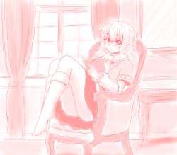 Rule 34 | 1girl, armchair, bespectacled, book, chair, commentary request, curtains, full body, glasses, half updo, holding, holding book, indoors, isaki (gomi), jacket, medium hair, mizuhashi parsee, monochrome, no shoes, open mouth, pointy ears, reading, red theme, scarf, shirt, short ponytail, sitting, skirt, socks, solo, table, touhou, window