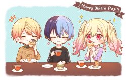 Rule 34 | 1girl, 2boys, aoyagi touya, blonde hair, blue hair, blush, closed eyes, closed mouth, commentary, cup, cupcake, dark blue hair, english text, facing viewer, food, gradient hair, highres, holding, holding cup, holding food, holding plate, long hair, long sleeves, mole, mole under eye, multicolored hair, multiple boys, never give up cooking! (project sekai), official alternate costume, orange hair, pink eyes, pink hair, plate, project sekai, purple shirt, shirt, short hair, sleeves past elbows, split-color hair, star (symbol), sweater, sweater vest, symbol-only commentary, table, tea, teneko02, tenma saki, tenma tsukasa, turtleneck, twintails, two-tone hair, upper body, white day