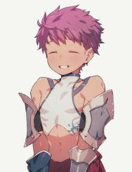Rule 34 | 1boy, crop top, closed eyes, fate/grand order, fate (series), fergus mac roich (fate), fergus mac roich (young) (fate), gauntlets, grey background, male focus, midriff, norasame (dagako), purple hair, shirt, short hair, simple background, sleeveless, smile, solo, upper body, white shirt