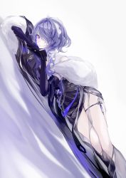 Rule 34 | 1girl, absurdres, arknights, capelet, dress, fur-trimmed capelet, fur trim, gloves, hair over one eye, highres, lying, official alternate costume, pelvic curtain, purple eyes, purple gloves, purple hair, qiangjitong, short hair, solo, whisperain (arknights), whisperain (tremble cold) (arknights)
