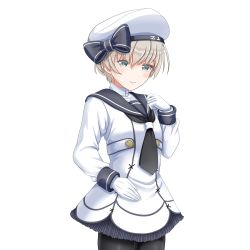 Rule 34 | 1girl, black pantyhose, blush, bow, brown eyes, clothes writing, commentary request, dress, gloves, hand on own hip, hat, hat bow, kantai collection, long sleeves, looking at viewer, pantyhose, sailor collar, sailor dress, sailor hat, short hair, smile, solo, tk8d32, transparent background, white gloves, z1 leberecht maass (kancolle)