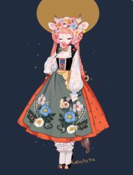 Rule 34 | 1girl, animal ears, apron, blouse, blue background, blue flower, blunt bangs, braid, breasts, cleavage, closed eyes, covering own mouth, cow ears, cow horns, flower, full body, hair flower, hair ornament, holding, holding flower, horns, l hakase, legs together, long hair, long sleeves, original, pink flower, pink hair, puffy long sleeves, puffy sleeves, shirt, signature, simple background, solo, standing, twin braids, white flower, white shirt