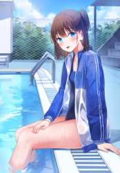 Rule 34 | 1girl, :d, bare legs, blue eyes, blue one-piece swimsuit, blush, brown hair, competition swimsuit, day, feet out of frame, from side, jacket, long sleeves, looking at viewer, looking to the side, multicolored clothes, multicolored jacket, one-piece swimsuit, one side up, open clothes, open jacket, open mouth, original, outdoors, pool, pool ladder, poolside, rangu, short hair, sitting, smile, soaking feet, solo, stairs, swimsuit, swimsuit under clothes, two-tone jacket, water