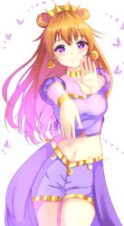 Rule 34 | 1girl, artist name, artist request, bare legs, blush, bracelet, breasts, brown hair, bug, butterfly, butterfly (love live!), choker, cleavage, clothing cutout, collarbone, cropped shirt, crown, detached sleeves, double bun, dress, dress shirt, earrings, female focus, gold bracelet, hair between eyes, hair bun, hair rings, harem outfit, highres, insect, jewelry, konoe kanata, long hair, looking at viewer, love live!, love live! nijigasaki high school idol club, love live! school idol festival, medium breasts, nail, nail polish, navel, parted lips, puffy short sleeves, puffy sleeves, purple butterfly, purple eyes, purple nail polish, purple nails, purple shirt, purple shorts, shirt, short sleeves, shorts, shoulder cutout, smile, solo, two side up, white background, yellow bracelet, yellow choker