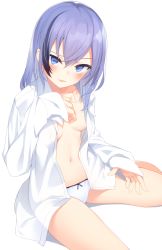 Rule 34 | 1girl, bare legs, black hair, blue eyes, blush, breasts, breasts apart, collared shirt, highres, kinukawa chinatsu, long sleeves, looking at viewer, multicolored hair, navel, no bra, original, otokuyou, panties, parted lips, purple hair, shirt, simple background, sitting, sleeves past wrists, small breasts, smile, solo, stomach, streaked hair, two-tone hair, underwear, v-shaped eyebrows, wariza, white background, white panties, white shirt