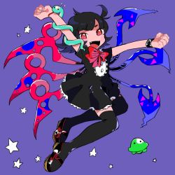 Rule 34 | 1girl, :d, akio (akio024), arms up, asymmetrical wings, black dress, black hair, black thighhighs, blush, bow, dress, full body, happy, houjuu nue, looking at viewer, o/, open mouth, outstretched arms, red eyes, smile, snake, solo, star (symbol), starry background, thighhighs, touhou, ufo, wings, wristband, zettai ryouiki