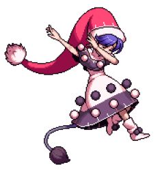 Rule 34 | 1girl, blue hair, boots, closed eyes, dab (dance), doremy sweet, dress, hat, large hat, lowres, official style, pom pom (clothes), santa hat, solo, sprite art, tail, tapir tail, third-party edit, touhou, transparent background