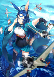 Rule 34 | 1girl, absurdres, aircraft, airplane, anchor, animal ears, asymmetrical gloves, azur lane, blue eyes, blue hair, rabbit ears, card, flight deck, glasses, gloves, hair ornament, highres, japanese clothes, kaito nina, long hair, long sleeves, looking at viewer, machinery, mismatched gloves, pleated skirt, pointing, skirt, solo, souryuu (azur lane), standing, standing on liquid, thighhighs, wide sleeves, zettai ryouiki