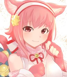 Rule 34 | 1girl, animal ears, bell, cat ears, cat tail, closed mouth, fake animal ears, fake tail, fingerless gloves, fire emblem, fire emblem fates, fire emblem heroes, fur trim, gloves, hair ornament, hairband, highres, japanese clothes, nakabayashi zun, nintendo, pink hair, red eyes, sakura (fire emblem), short hair, simple background, sleeveless, smile, solo, tail, white background