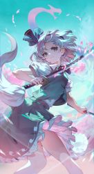 Rule 34 | 1girl, arm at side, ascot, cherry blossoms, closed mouth, clothes lift, collared shirt, commentary request, cowboy shot, dual wielding, frilled skirt, frills, green skirt, green vest, grey eyes, hairband, highres, holding, holding sword, holding weapon, katana, konpaku youmu, petals, puffy short sleeves, puffy sleeves, purple eyes, shirt, short hair, short sleeves, skirt, skirt lift, sky, solo, sword, tassel, touhou, twisted torso, u u zan, upskirt, v-shaped eyebrows, vest, wakizashi, weapon, white hair, wily beast and weakest creature, wind