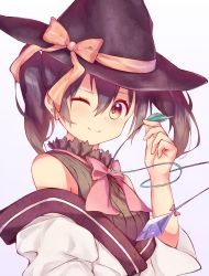 Rule 34 | 1girl, absurdres, bare shoulders, black hair, black hat, black shirt, blush, bow, bowtie, buttons, closed mouth, collared shirt, commentary request, cropped torso, from side, gem, gradient eyes, hair between eyes, hat, hat bow, head tilt, highres, japanese clothes, kimono, light blush, light smile, looking at viewer, medium hair, multicolored eyes, off shoulder, one eye closed, pink bow, pink bowtie, pizza (pizzania company), purple eyes, shirt, sleeveless, sleeveless shirt, smile, solo, striped clothes, striped shirt, twintails, upper body, urara meirochou, vertical-striped clothes, vertical-striped shirt, white background, white kimono, witch, witch hat, yellow eyes, yukimi koume