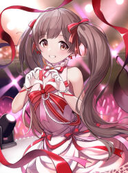 Rule 34 | 1girl, ahoge, bare shoulders, blush, bracelet, breasts, brown eyes, brown hair, dress, earrings, gloves, glowstick, grin, hair ribbon, hakozaki serika, hands up, heart, heart hands, idolmaster, idolmaster million live!, idolmaster million live! theater days, indoors, jewelry, long hair, looking at viewer, pearl bracelet, pink dress, red ribbon, ribbon, sleeveless, sleeveless dress, small breasts, smile, solo, stage, stage lights, tuna picture, twintails, very long hair, white gloves