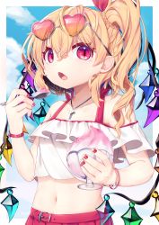 Rule 34 | 1girl, absurdres, alternate costume, bare shoulders, belt, blonde hair, blue sky, border, braid, casual, cloud, commentary request, contemporary, crop top, crystal, day, eyewear on head, fang, flandre scarlet, food, gunjou row, hair ribbon, hand up, heart, heart-shaped eyewear, highres, holding, holding food, holding spoon, long hair, looking at viewer, midriff, nail polish, navel, no headwear, no headwear, off-shoulder shirt, off shoulder, one side up, open mouth, outdoors, outside border, partial commentary, red belt, red eyes, red nails, red ribbon, ribbon, shaved ice, shirt, short sleeves, sky, slit pupils, solo, spoon, stomach, sunglasses, touhou, upper body, white border, white shirt, wings, wristband