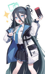 Rule 34 | 1girl, absurdly long hair, absurdres, aris (blue archive), black hair, black hairband, black skirt, blue archive, blue eyes, blue necktie, blush, collared shirt, feet out of frame, green halo, hairband, halo, handheld game console, highres, holding, holding handheld game console, jacket, long hair, long sleeves, looking at viewer, necktie, nintendo switch, one side up, open clothes, open jacket, open mouth, pleated skirt, shirt, skirt, smile, solo, suye, two-sided fabric, two-sided jacket, v, very long hair, white jacket, white shirt