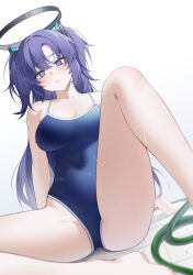 Rule 34 | 1girl, barefoot, bechu, blue archive, blue eyes, blue one-piece swimsuit, blush, breasts, covered navel, hair ornament, halo, highres, hose, long hair, looking at viewer, medium breasts, on floor, one-piece swimsuit, parted lips, purple hair, red pupils, sample watermark, school swimsuit, simple background, sitting, solo, spread legs, swimsuit, tile floor, tiles, two side up, very long hair, watermark, wet, wet clothes, wet swimsuit, white background, yuuka (blue archive)