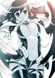 Rule 34 | 1girl, angel wings, arc system works, asymmetrical wings, backlighting, black panties, bouncing breasts, breasts, center opening, cleavage, covered erect nipples, dizzy (guilty gear), feathers, greyscale, guilty gear, guilty gear x, guilty gear xx, hair ribbon, hair rings, highres, large breasts, leg ribbon, long hair, long sleeves, looking at viewer, monochrome, navel, optionaltypo, panties, puffy long sleeves, puffy sleeves, ribbon, signature, skindentation, solo, sunlight, tail, thigh ribbon, thigh strap, thighhighs, twintails, underboob, underwear, wings