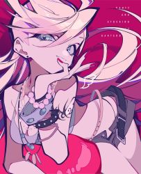 Rule 34 | 1girl, ahoge, belt, blonde hair, blue eyes, bracelet, breasts, copyright name, grey tank top, highres, jewelry, long hair, magenta background, medium breasts, mochizuki kei, multiple necklaces, nail polish, necklace, panty &amp; stocking with garterbelt, panty (psg), pink background, red nails, shorts, smile, tank top, tattoo, unbuttoned, open fly