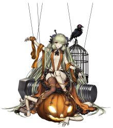 Rule 34 | 1girl, animal, arm up, artificial arms, artist request, bandages, bird, birdcage, blonde hair, brave nine, breasts, cage, cell, crow, doll, full body, halloween, highres, ing9, joints, lecliss, long hair, navel, official art, one eye covered, pumpkin, puppet strings, red eyes, screw, shoes, sitting, small breasts, stitches, transparent background, very long hair
