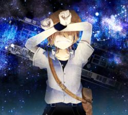 Rule 34 | 1boy, bag, brown hair, covering face, covering own eyes, crying, ginga tetsudou no yoru, giovanni (ginga tetsudou no yoru), hat, male focus, necktie, night, night sky, open mouth, scorpius (constellation), short hair, sky, solo, star (sky), starry sky, tears, train